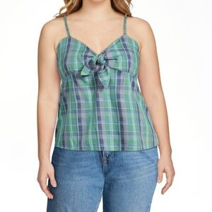 Y2k Babydoll  Organic Cotton Plaid Knot Front Tank w/ Spaghetti Straps Smocked